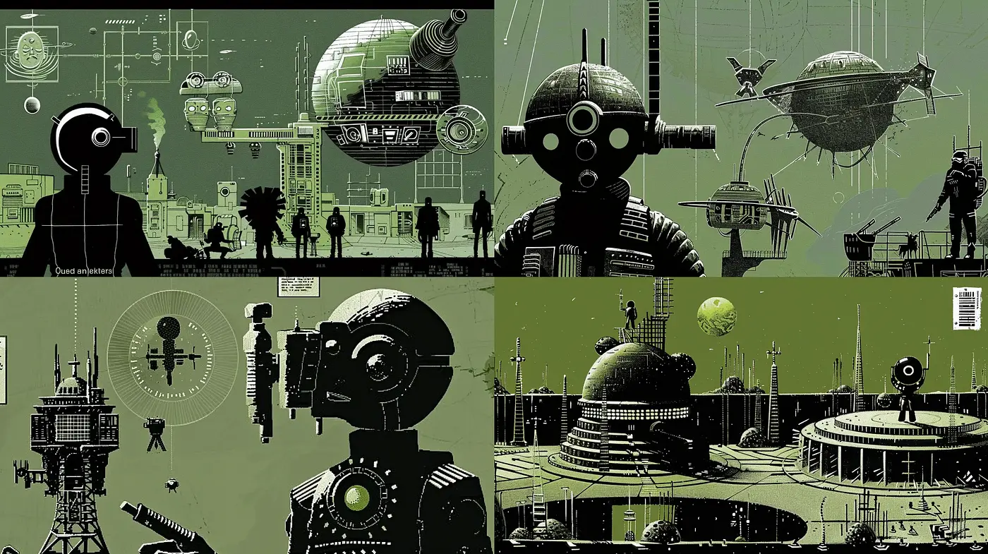 Futuristic Retro-Industrial Visions in Monochrome Green - Midjourney sref style