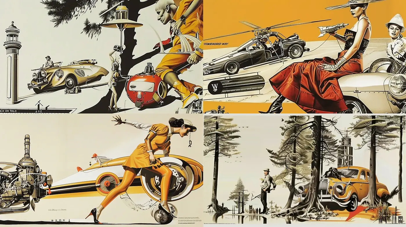 Retrofuturistic Elegance in Sepia Tones Evoking the Golden Age of Illustration - Midjourney sref style