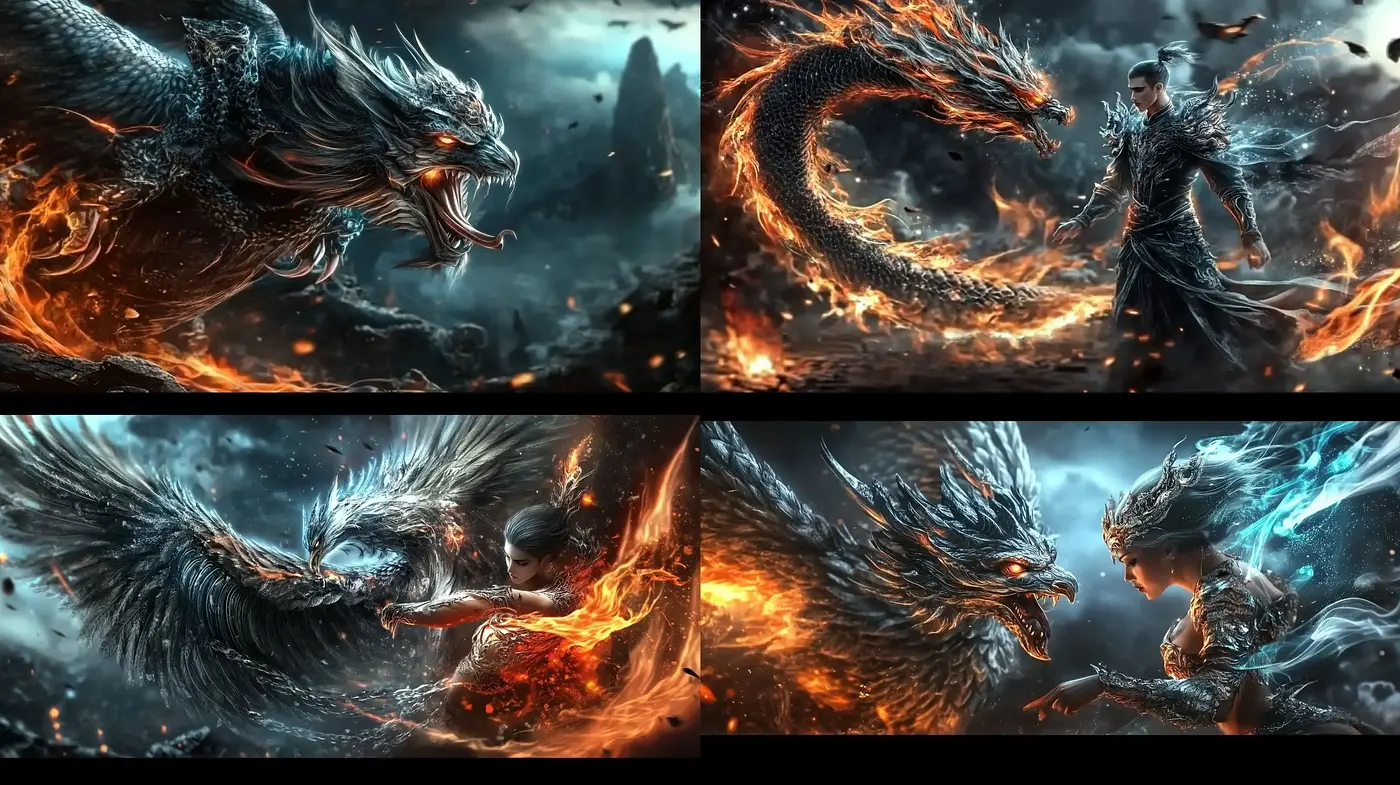 Fiery Dragon's Embrace: An Epic Fusion of Myth and Combat in Luminescent Hues - Midjourney sref style