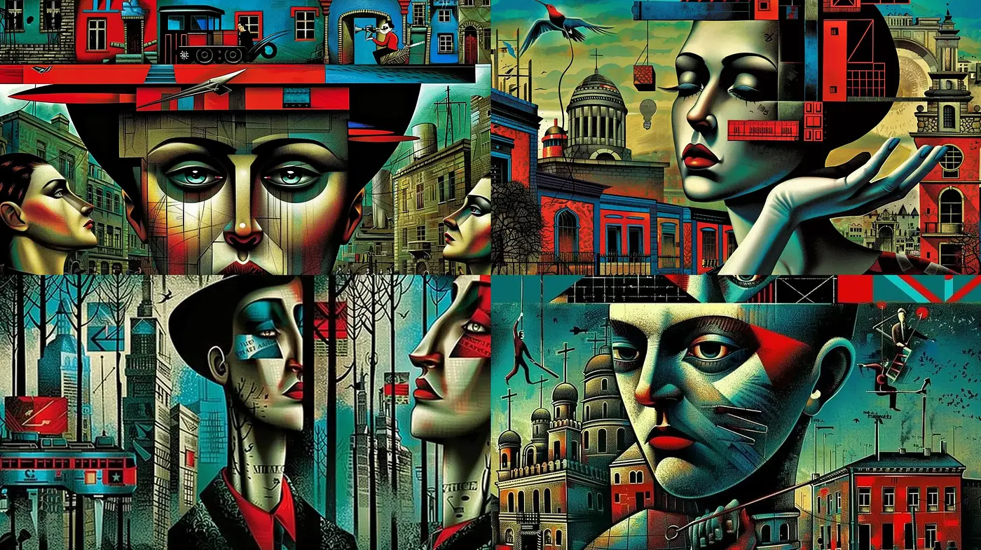 Geometric Surrealism with Urban Influence in a Muted Palette - Midjourney sref style