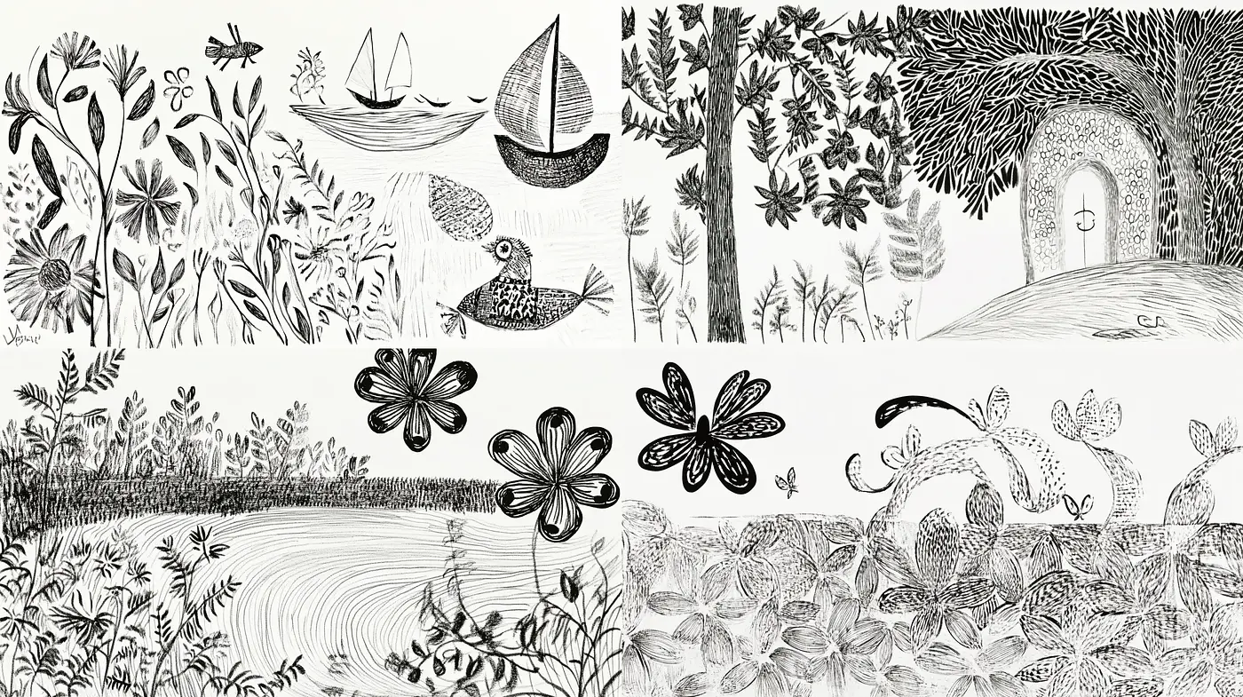 Monochromatic Pen and Ink Naturalistic Illustrations - Midjourney sref style
