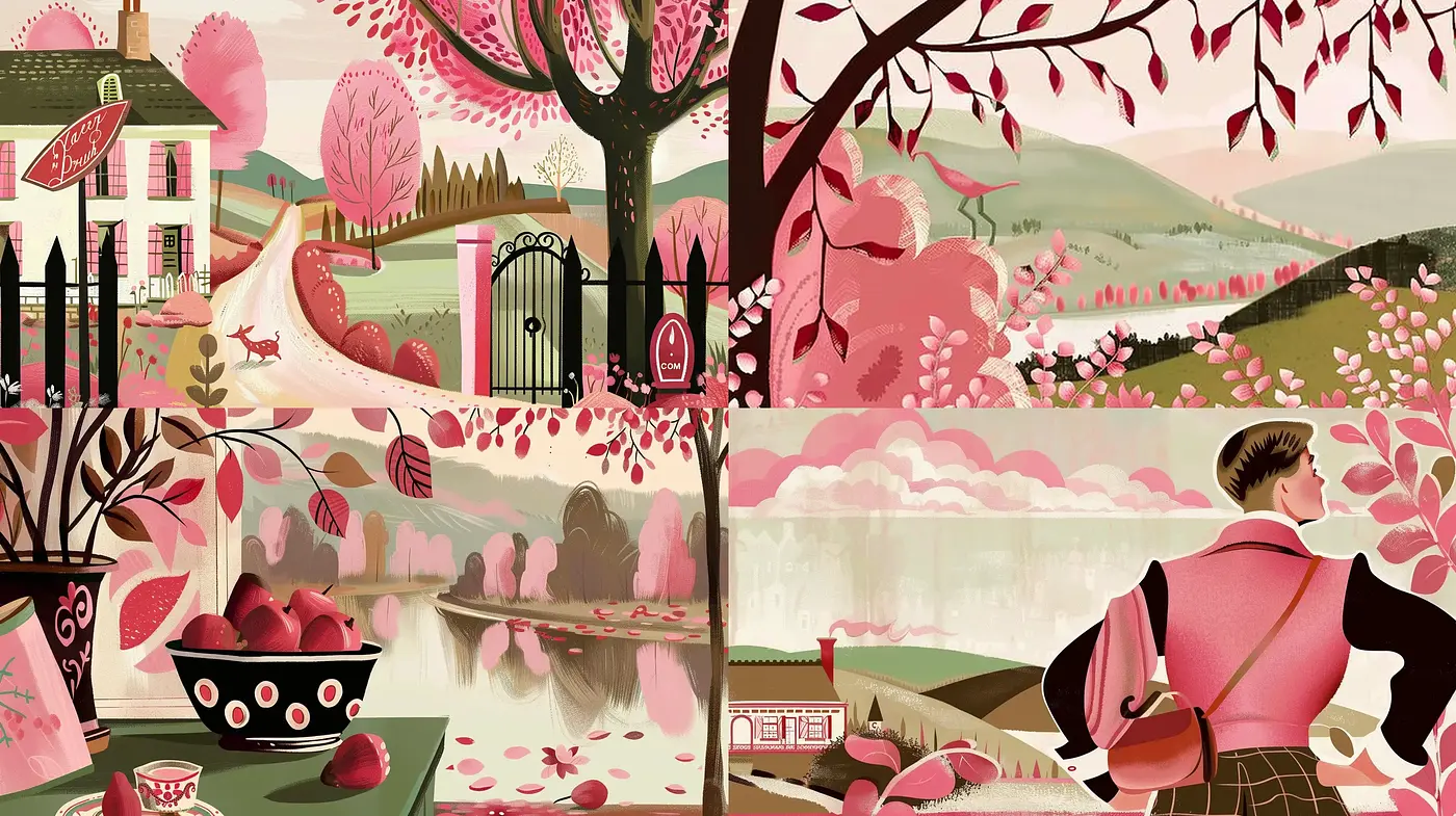 Serenely Stylized Pastoral Visions in Rosy Hues - Midjourney sref style
