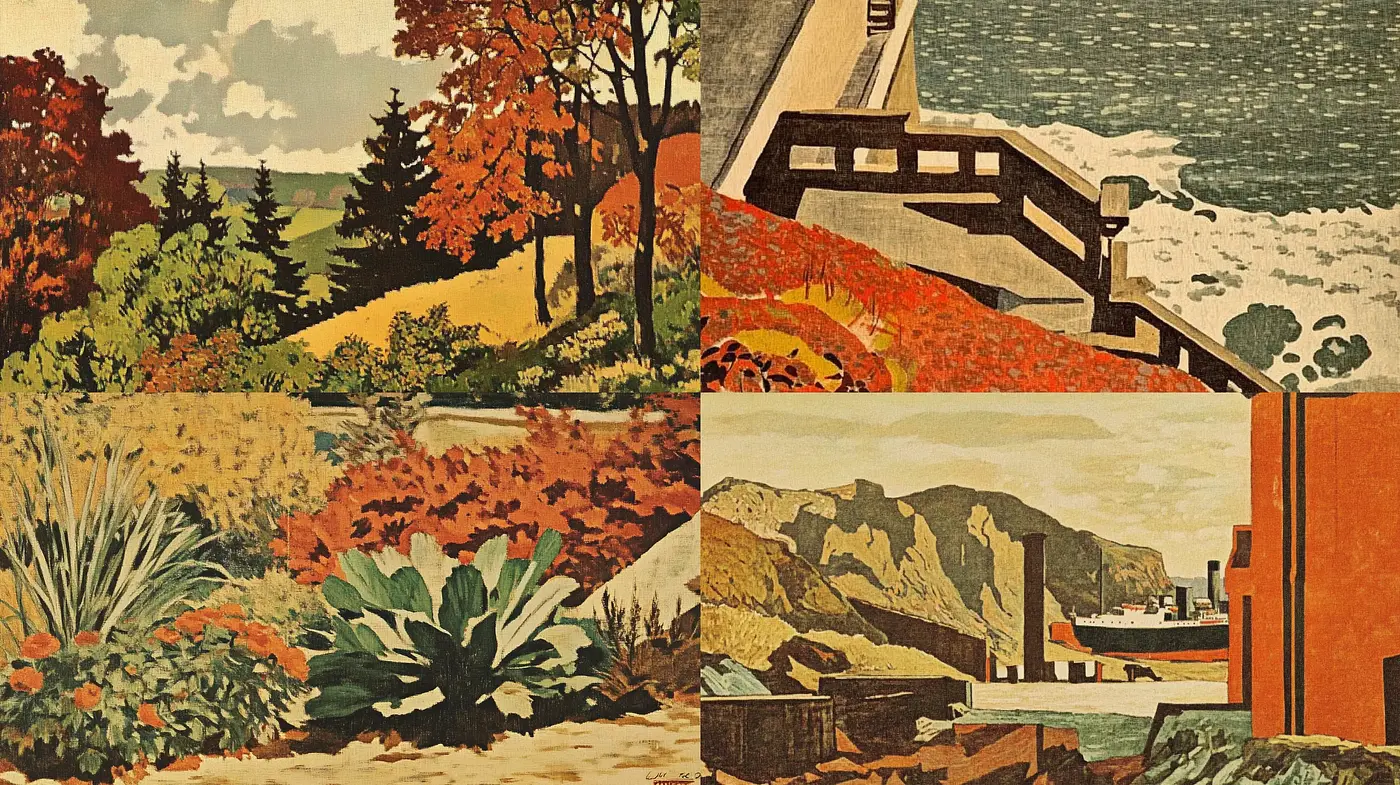 Rustic Textured Landscapes Evoking Mid-Century Impressions - Midjourney sref style
