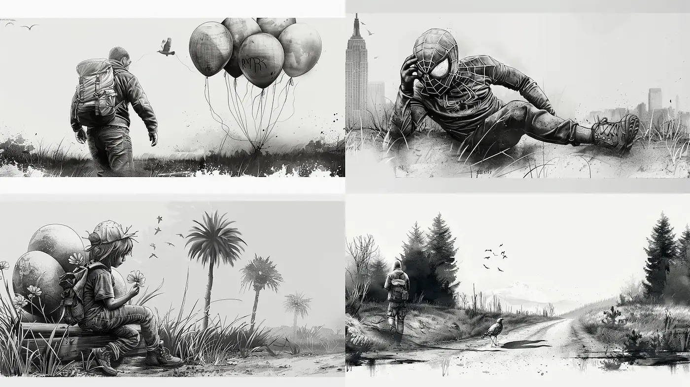 Monochromatic Narrative Art with a Dreamlike Quality - Midjourney sref style
