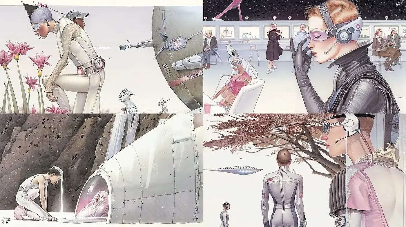 Futuristic Illustrated Style with Soft Color Palette and Dynamic Textures - Midjourney sref style