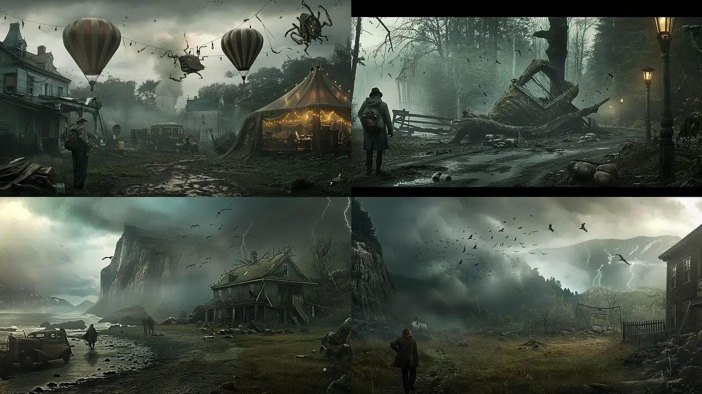 Ethereal Dystopian Vistas: A Cinematic Exploration of Desolation and Hope - Midjourney sref style