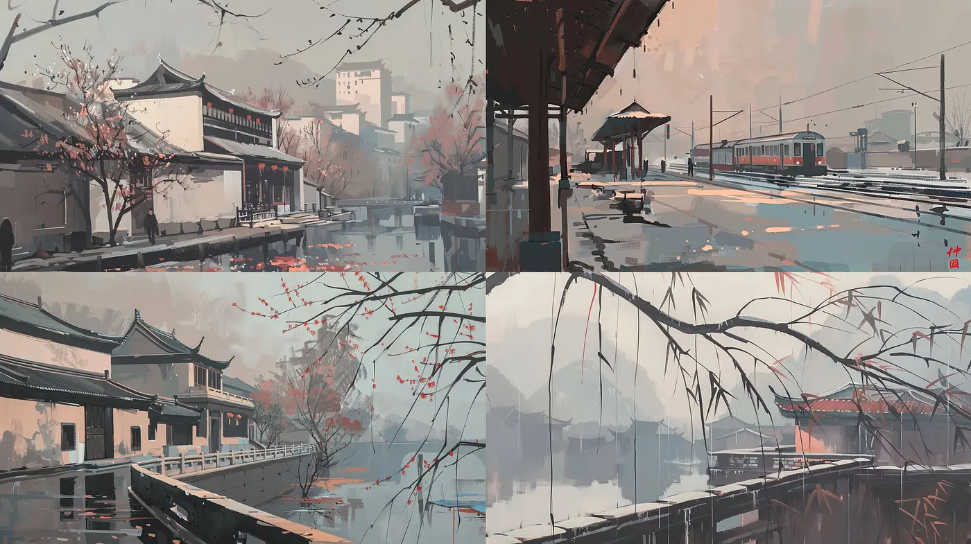 Subdued Elegance in Stylized Serenity: A Harmonious Blend of Muted Colors and Tranquil Scenes - Midjourney sref style