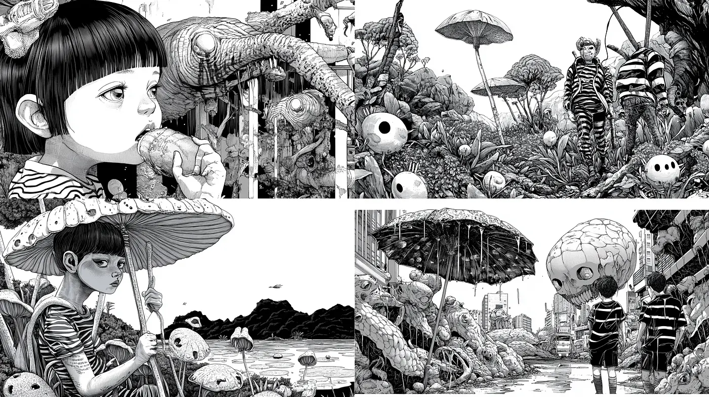 Whimsical Monochrome Dreamscape with Surrealist Overtones - Midjourney sref style