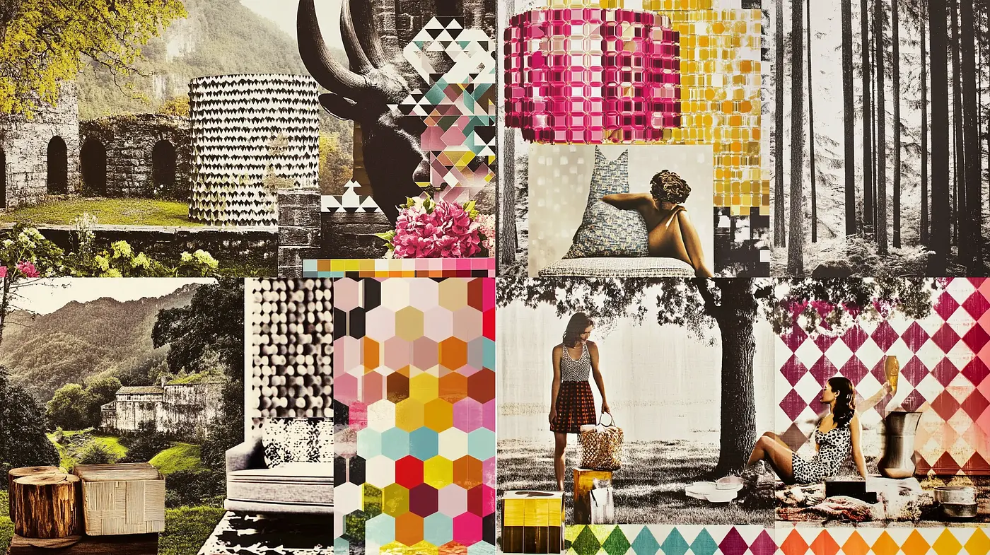 Eclectic Collage of Retro Hues and Geometric Contrast - Midjourney sref style