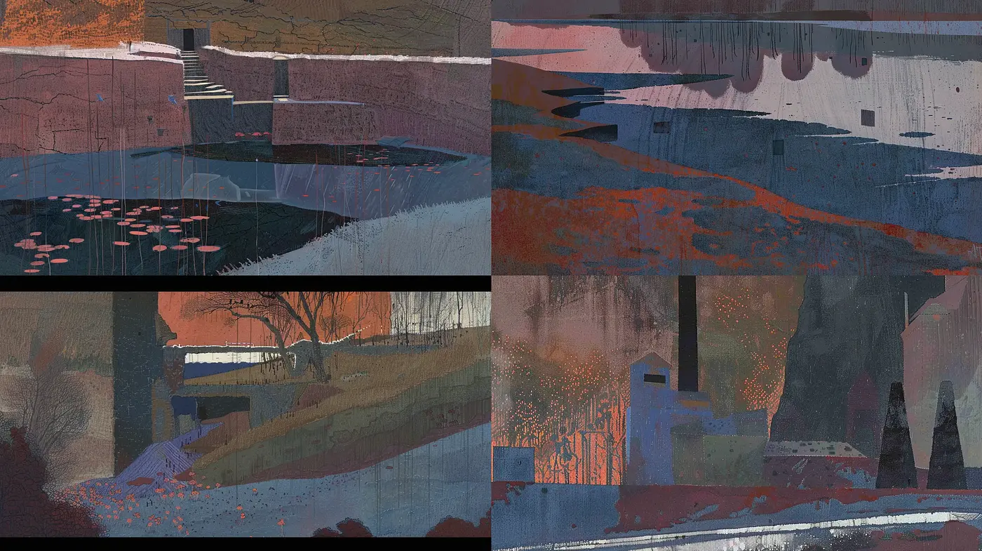 Abstract Textured Melancholia: A Study in Moody Hues and Fragmented Forms - Midjourney sref style