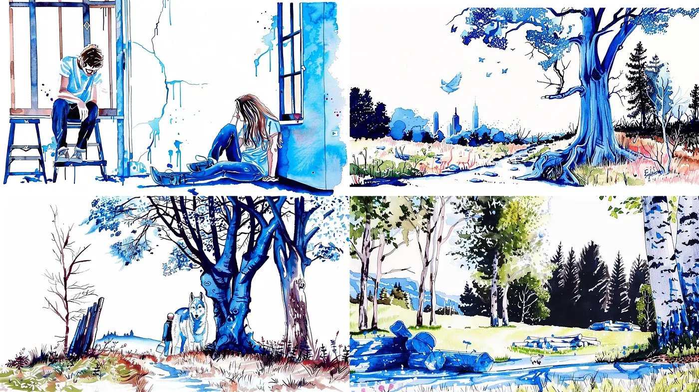 Cerulean Dreamscape: A Watercolor Tapestry Blending Vivid Blues and Stylized Serenity - Midjourney sref style