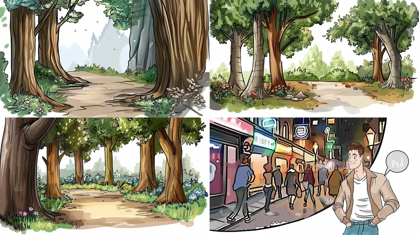 Whimsical Nature Meets Urban Vibrance in Stylized Illustrative Art - Midjourney sref style