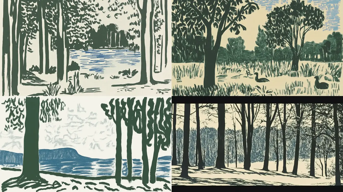 Serene Natural Landscapes in Stylized Woodcut Aesthetics - Midjourney sref style