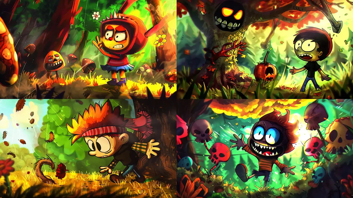 Energetic Cartoon Frenzy with a Spooky Twist - Midjourney sref style