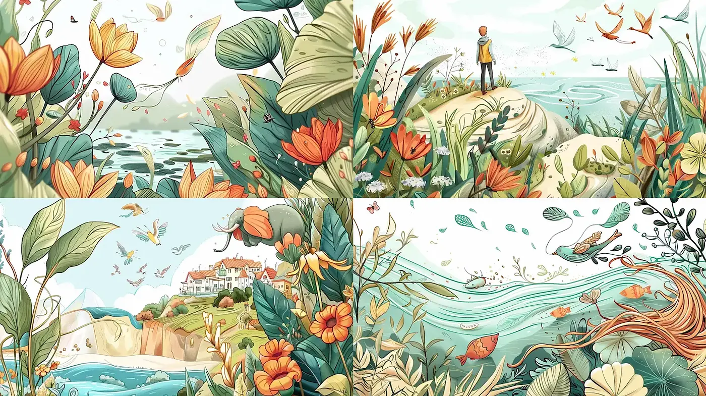 Whimsical Nature Illustrations with Whimsical Detailing and Pastel Hues - Midjourney sref style