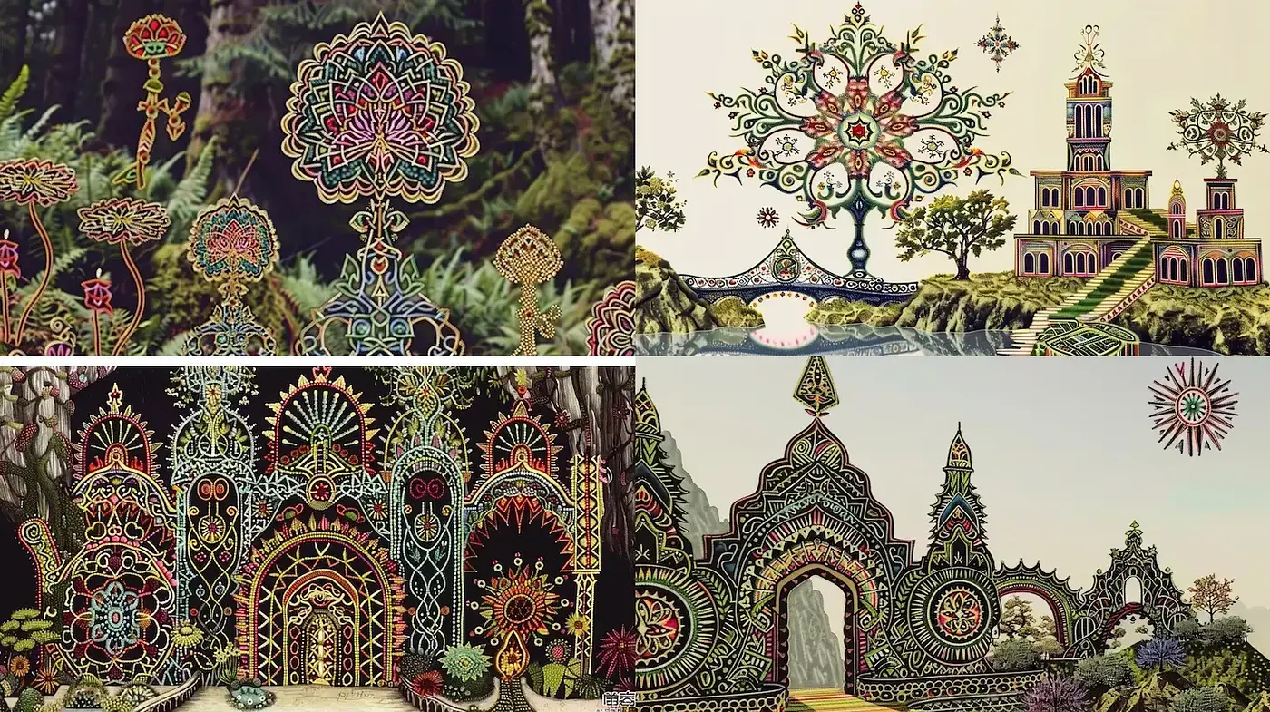 Intricate and Folk-Inspired Decorative Designs with a Whimsical Touch - Midjourney sref style