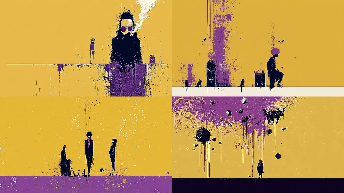 Stylized Illustrative Art with Bold Color Contrasts and Minimalist Characters - Midjourney sref style