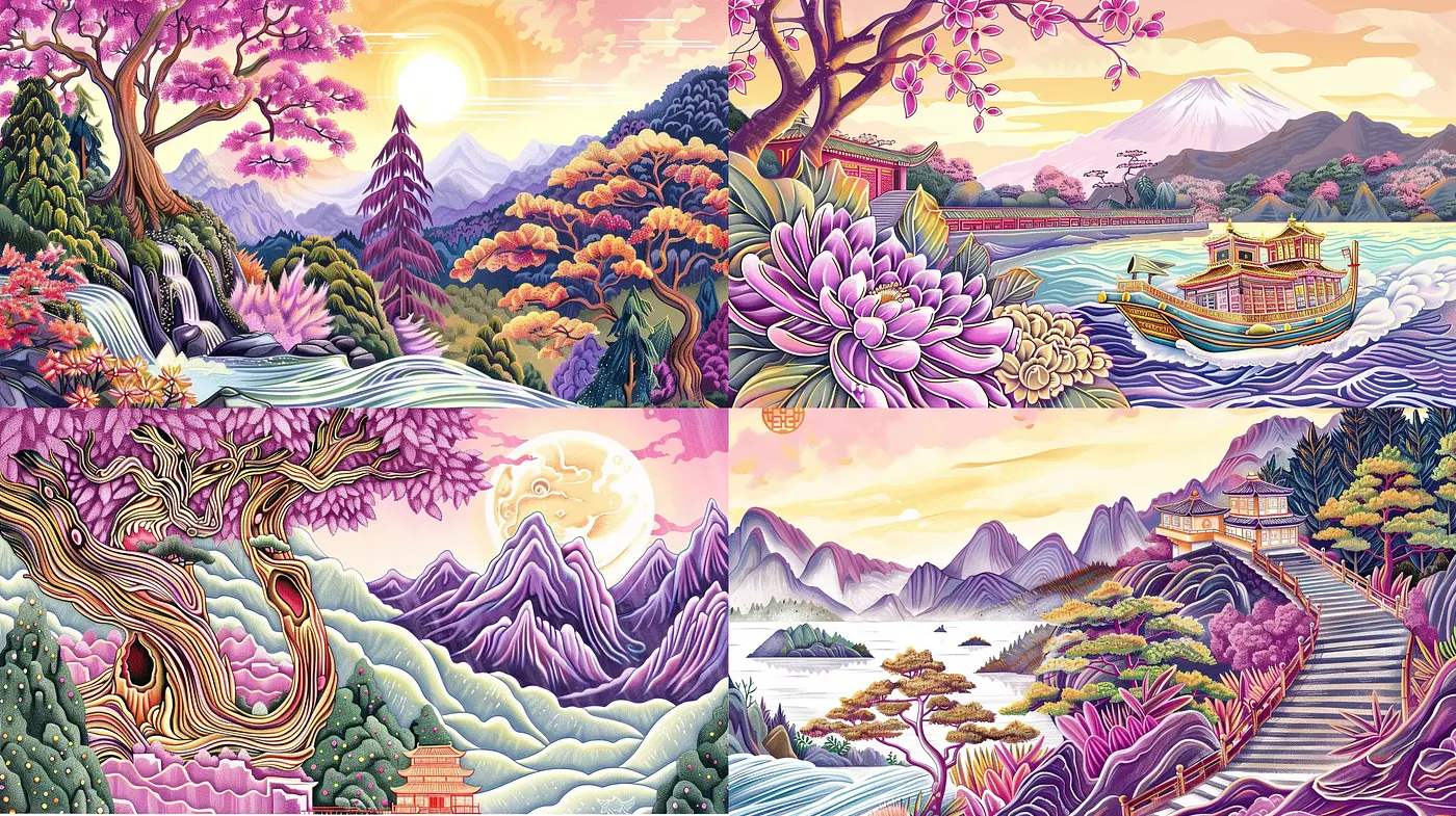 Serenely Stylized Nature in Vivid Chromatic Harmony - Midjourney sref style
