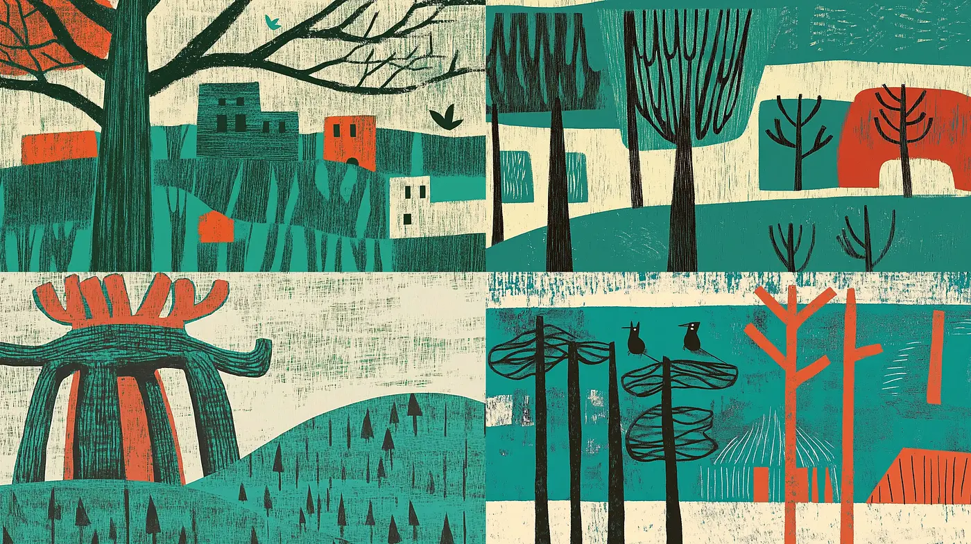 Abstracted Rustic Sceneries in Stylized Textures - Midjourney sref style