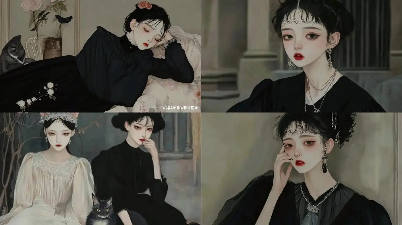 Ethereal Monochrome Elegance with a Splash of Red Amidst Vintage Charm - Midjourney sref style