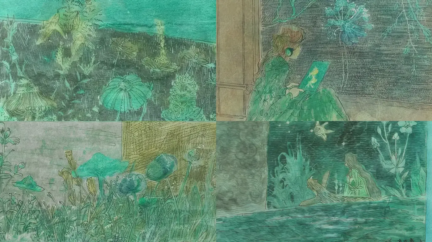Aqua-Infused Whimsy with Subtle Textural Depths - Midjourney sref style