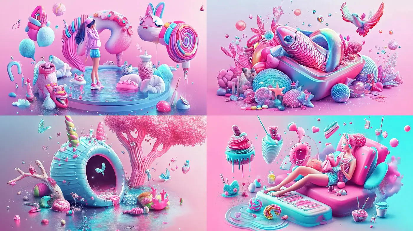 Candy-Colored Surrealistic Dreamscape Fusion - Midjourney sref style