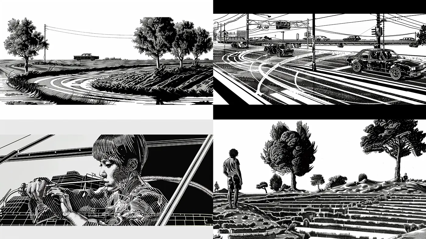Monochromatic Ink Sketch Panorama - Midjourney sref style