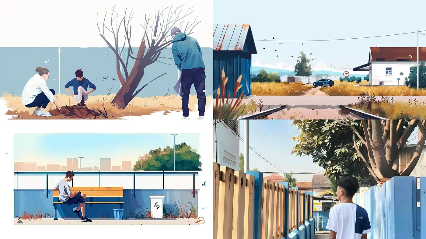 Serene Suburban Reverie: A Harmonious Blend of Soft Pastels and Detailed Line Work - Midjourney sref style