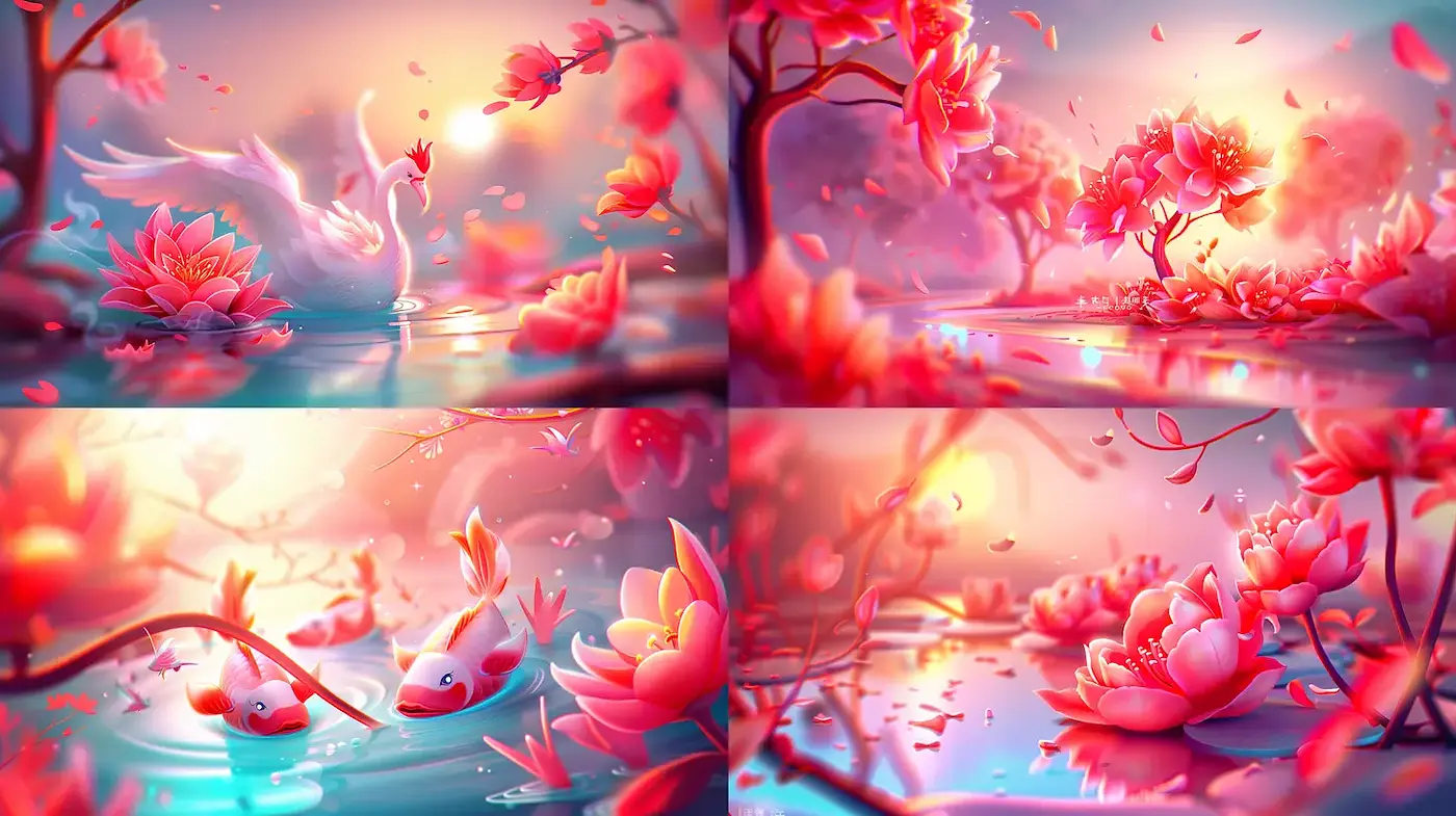 Luminous and Serene Blossom Reflections in a Dreamlike Landscape - Midjourney sref style