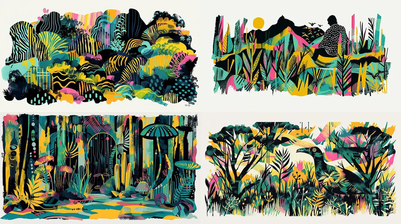 Vibrant, modern nature illustrations with a whimsical touch - Midjourney sref style