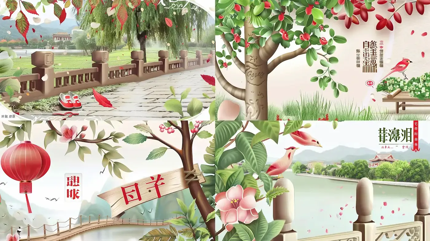 Serene and Lush Landscape Illustrations with Cultural Elements - Midjourney sref style
