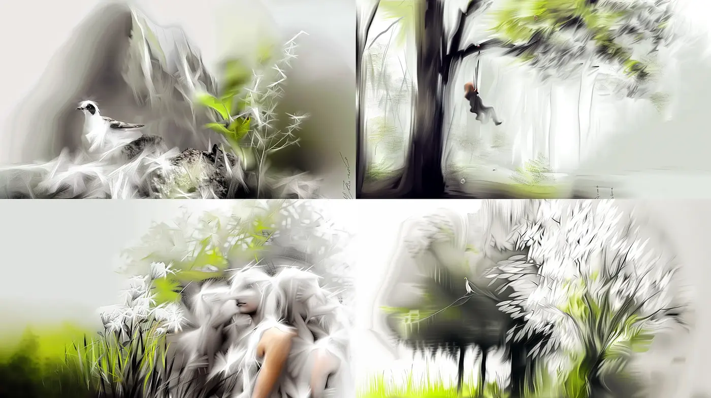 Ethereal Brushstrokes in a Monochromatic Dreamscape - Midjourney sref style