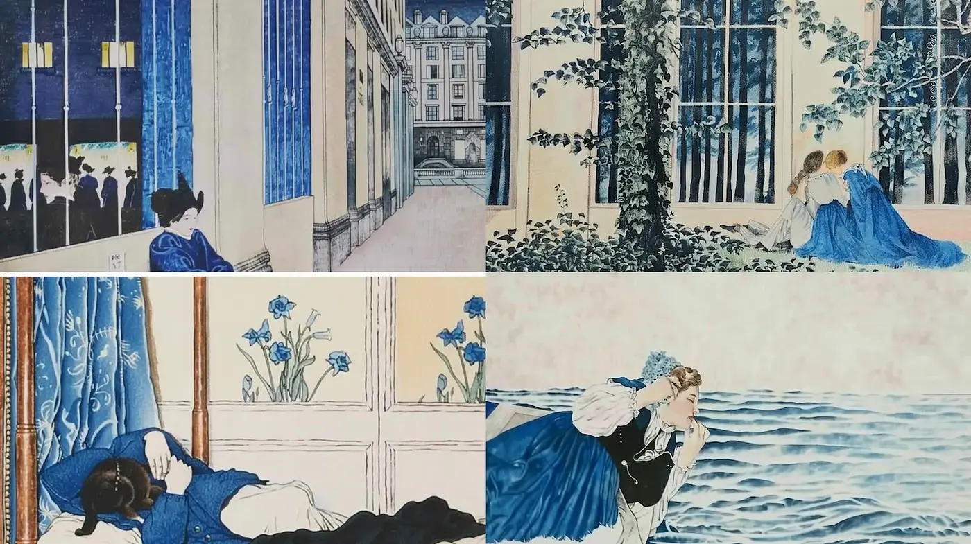 Elegant Art Nouveau Inspired Composition with Lush Blue Hues and Soft Lines - Midjourney sref style