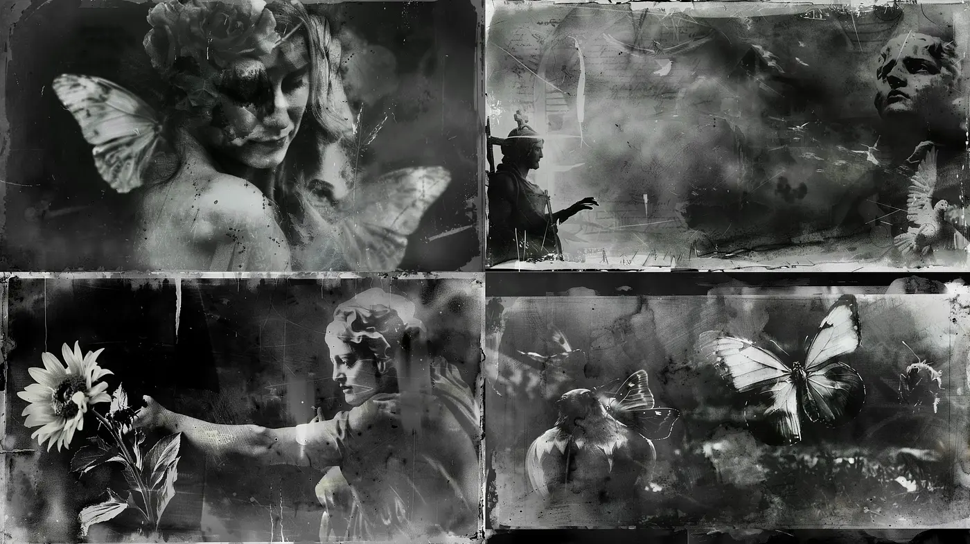 Monochromatic Ethereal Textures: A Fusion of Grayscale Florals and Vintage Aesthetics - Midjourney sref style
