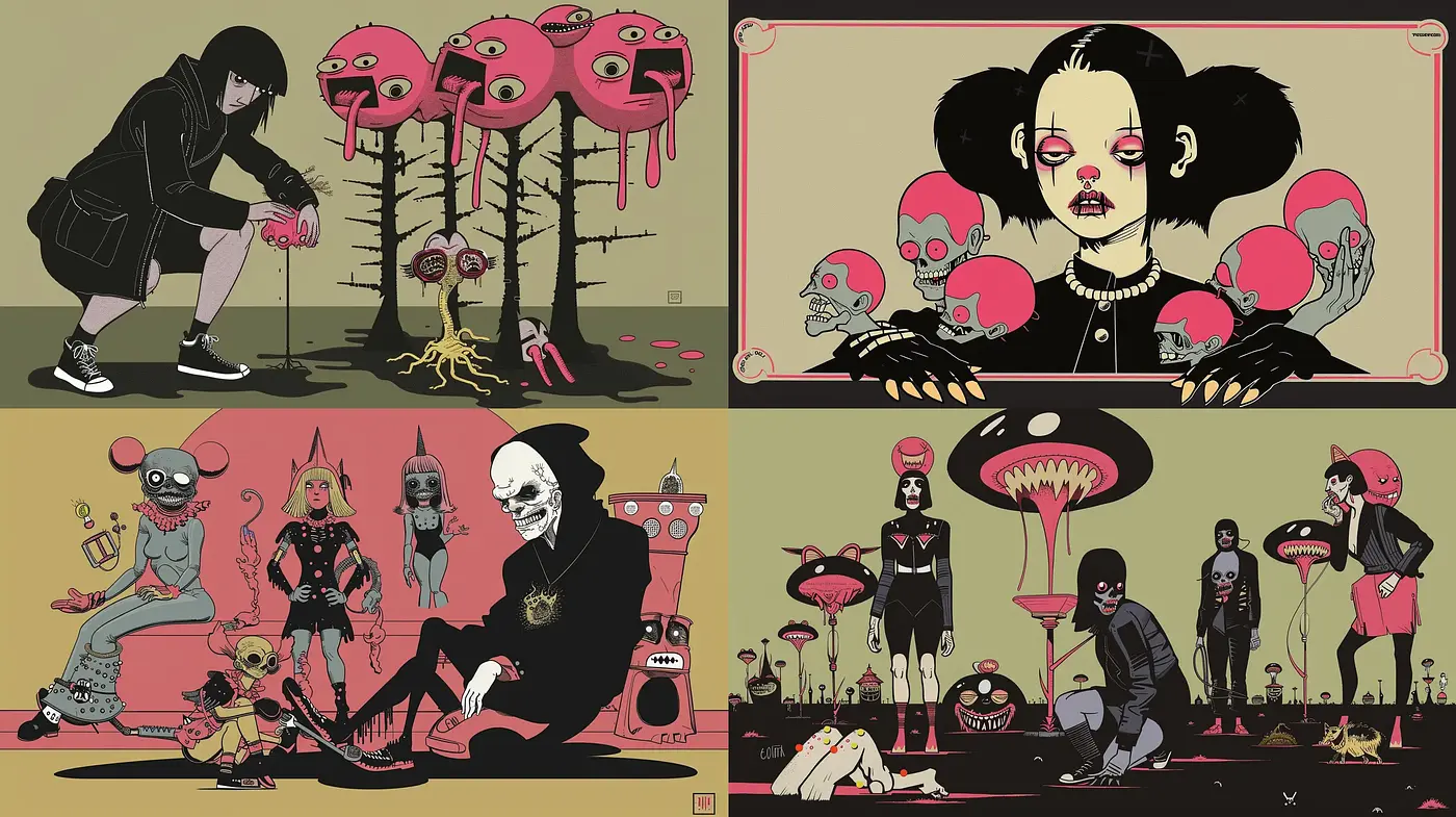 Surreal Macabre Fusion with a Chromatic Retro Twist - Midjourney sref style