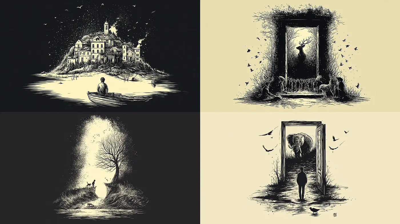 Surreal Illustrative Scenes with Nature and Animals - Midjourney sref style