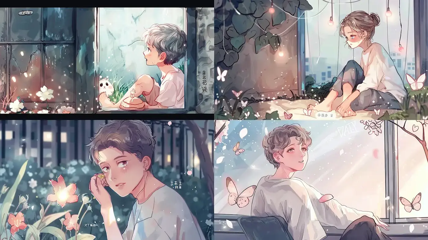 whimsical and serene young character vignettes with a soft color palette - Midjourney sref style