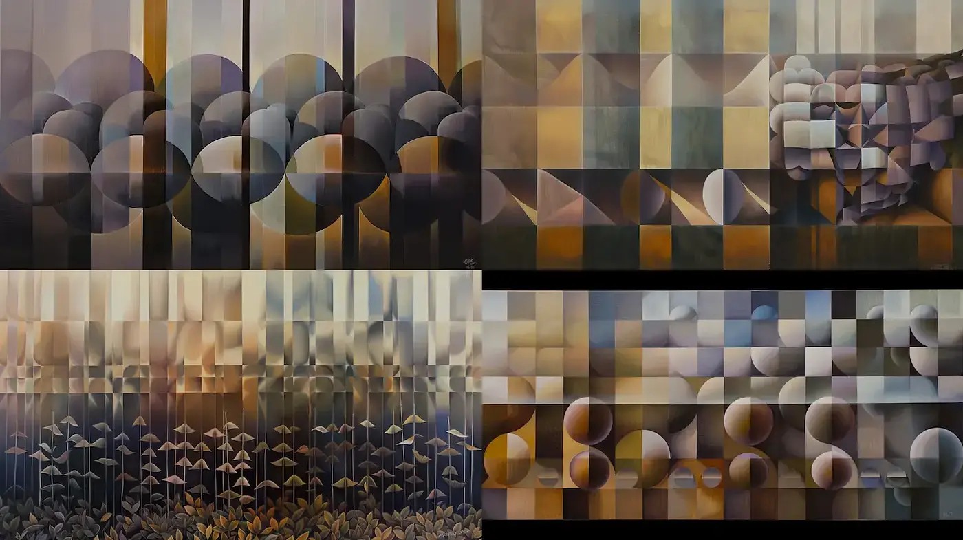 Intricate Geometric Abstractions with Warm Earthy Tones - Midjourney sref style