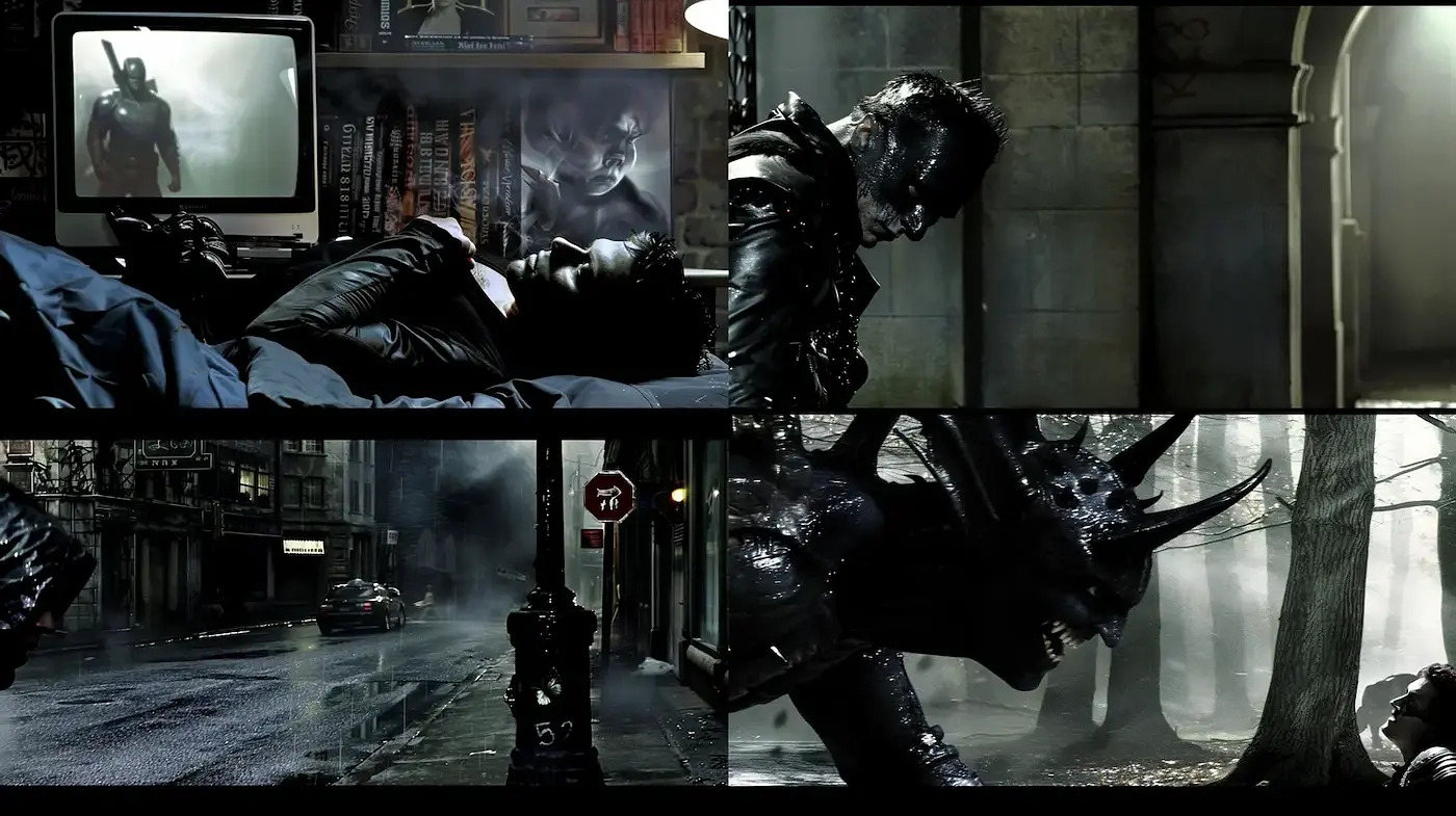 Dark, dystopian urban noir with surreal elements and a cinematic touch - Midjourney sref style