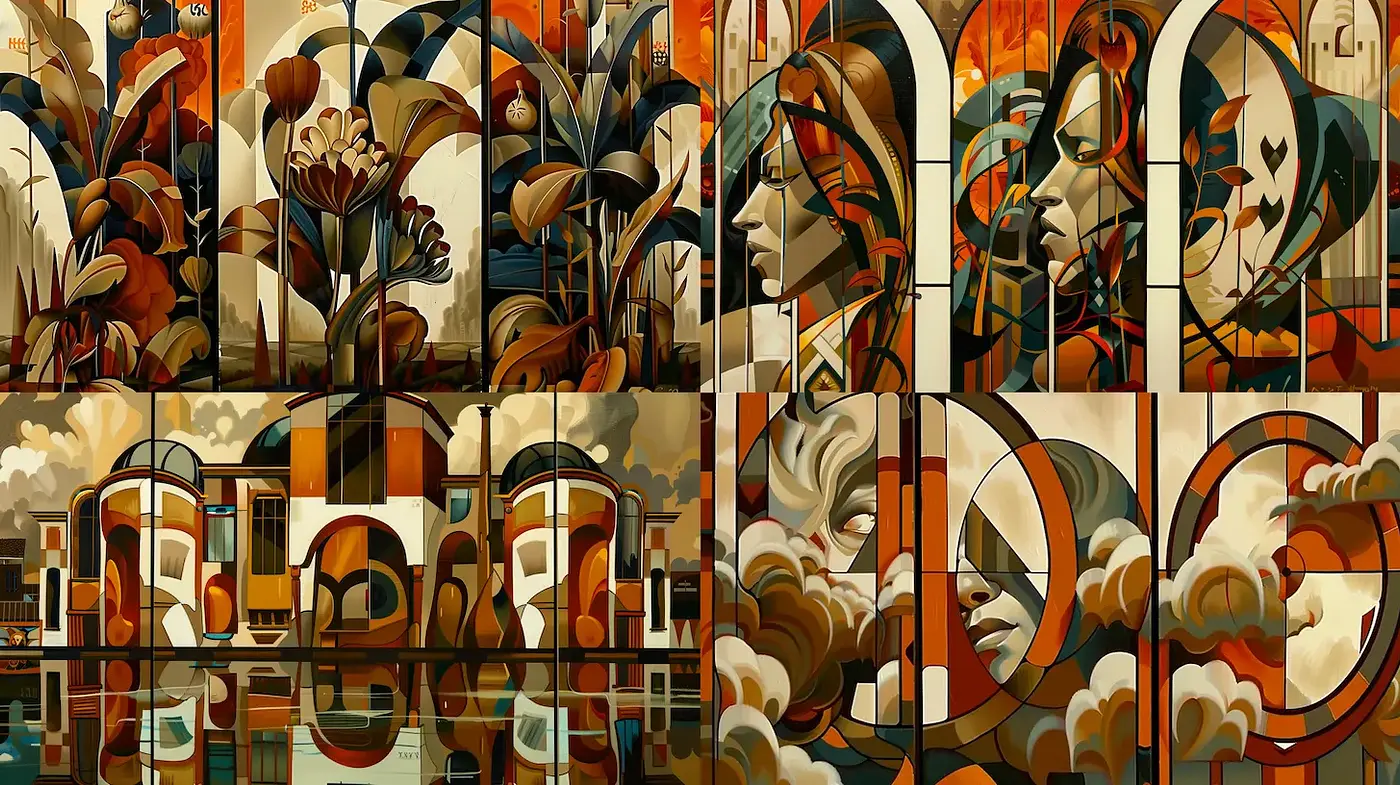 Art Deco-inspired illustrations with a harmonious blend of organic and geometric forms - Midjourney sref style