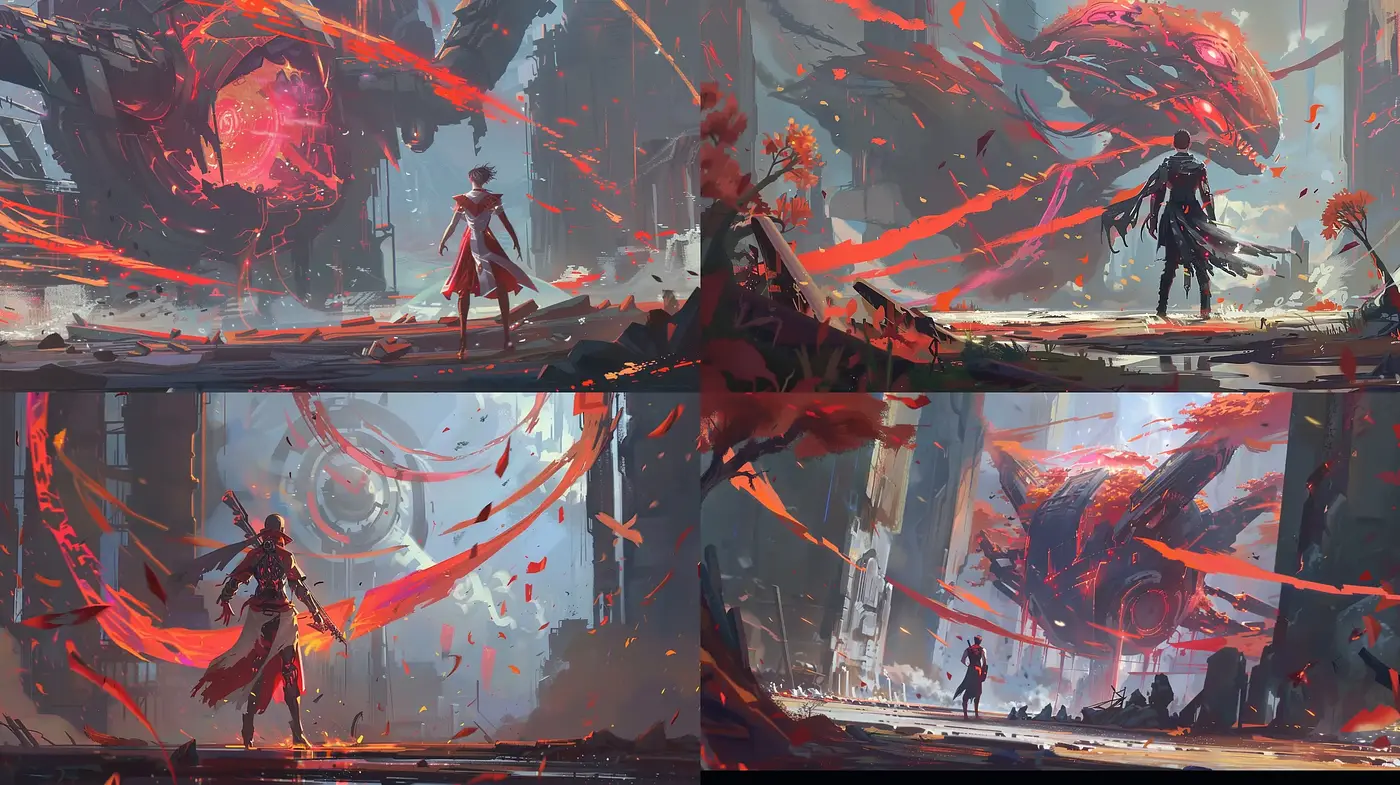 Ethereal Post-Apocalyptic Vistas with Vivid Crimson Accents - Midjourney sref style
