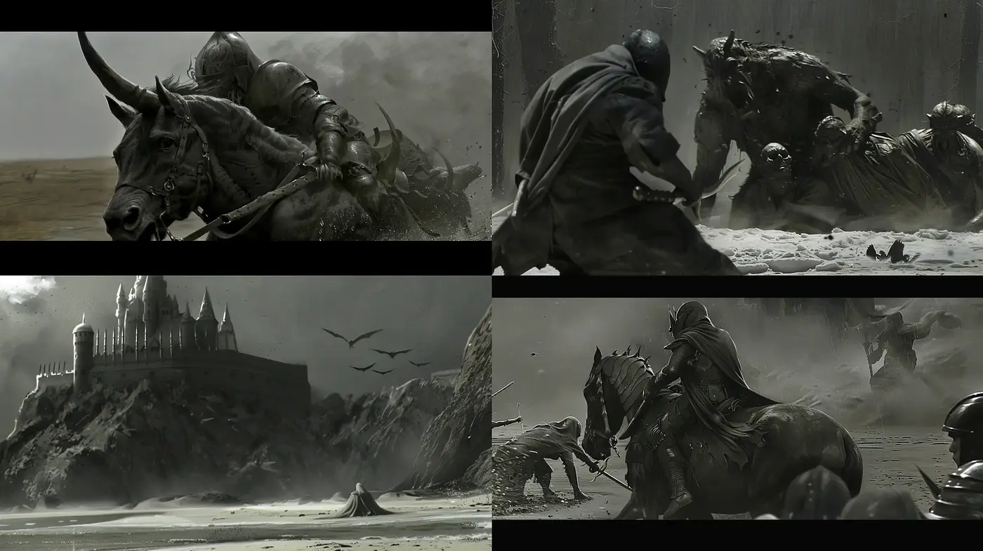Epic Monochrome Fantasia: A Vision of Mythical Battles and Dark Castles - Midjourney sref style