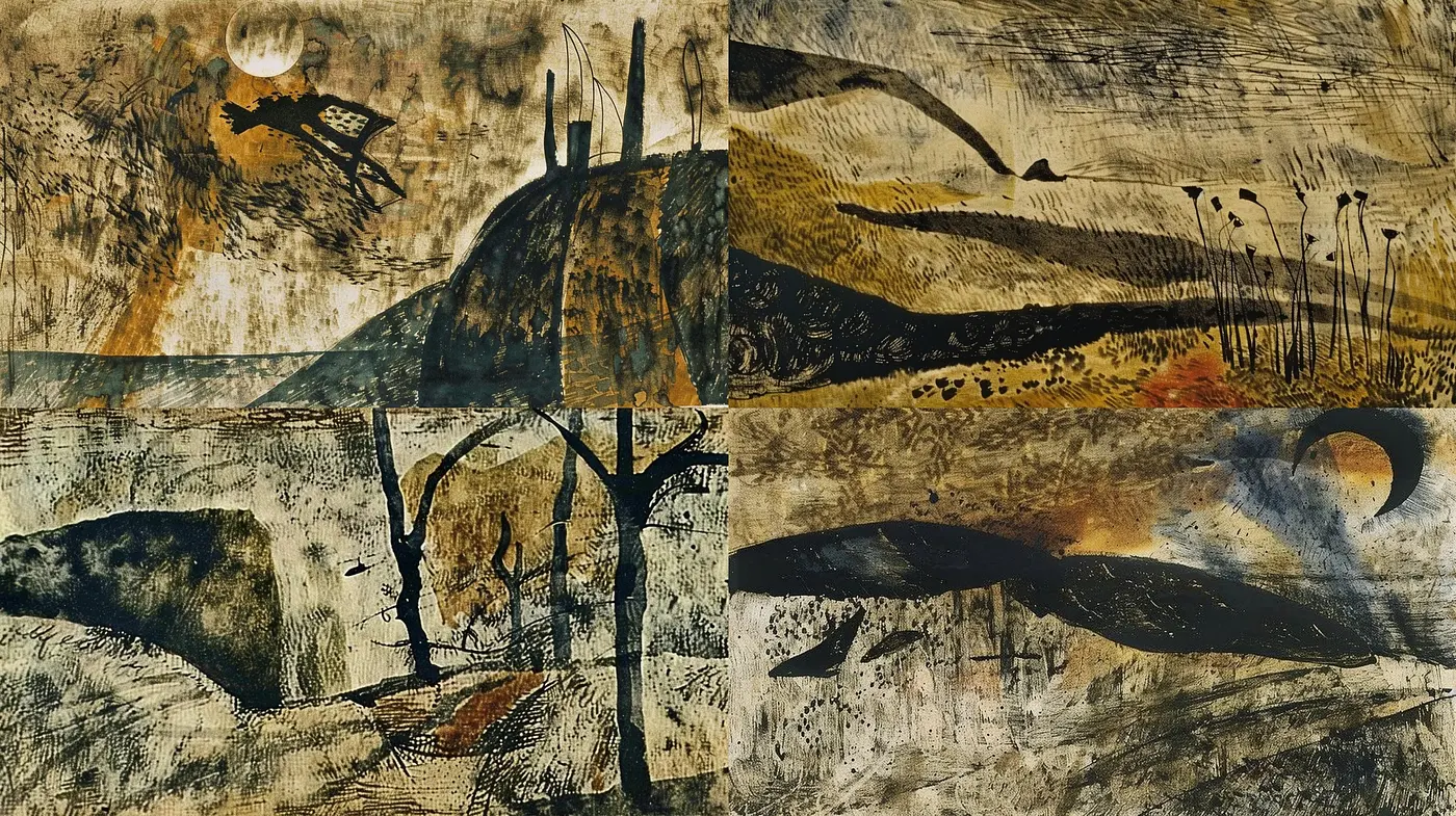 Ethereal Monochrome Dreamscape: A Fusion of Abstract Expressionism and Collage Techniques in Visual Art - Midjourney sref style