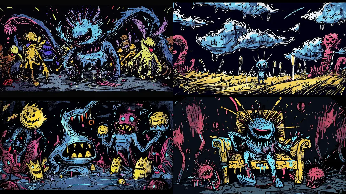 Surreal and Whimsical Monster World with High Contrast Colors - Midjourney sref style