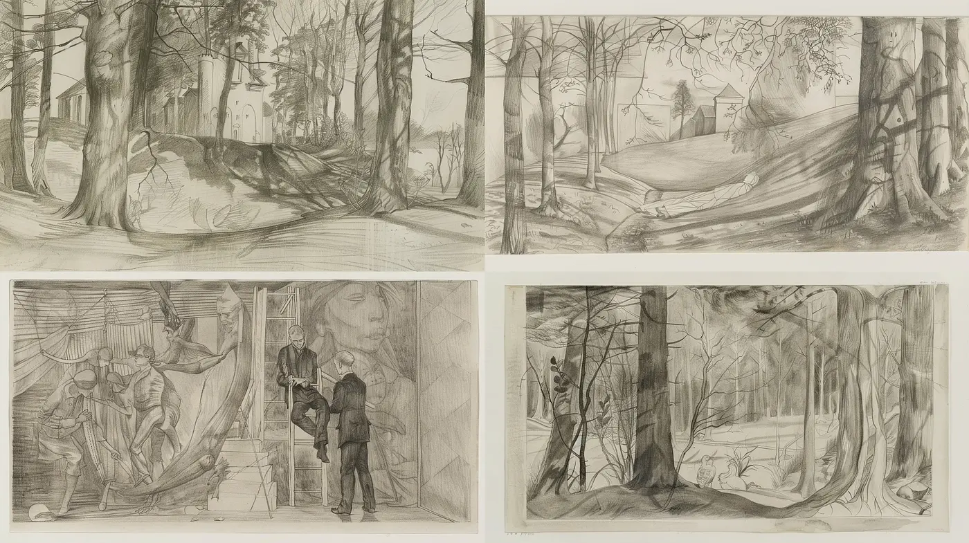 Sketch-like Expressive Monochrome Forests and Figures - Midjourney sref style