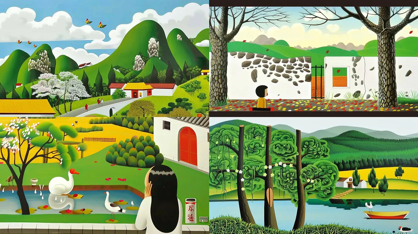 Serenity in Simplified Elegance: A Harmonious Blend of Naïve Art and Contemporary Flat Color Landscapes - Midjourney sref style