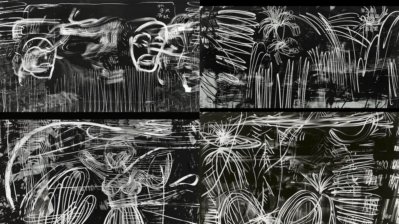Dynamic Abstract Expressionism with a Monochromatic Palette - Midjourney sref style