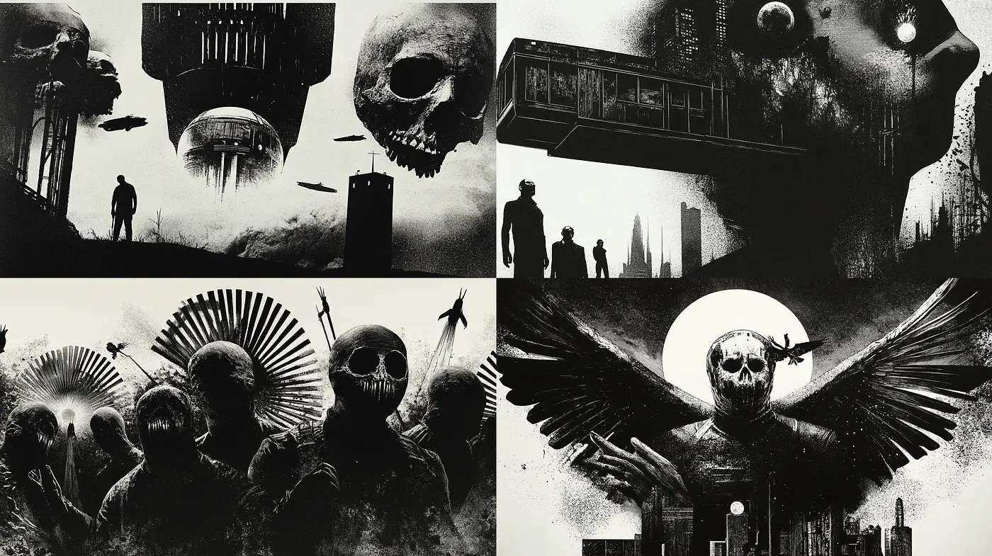 Dystopian Shadows: Monochromatic Echoes of a Somber Future - Midjourney sref style