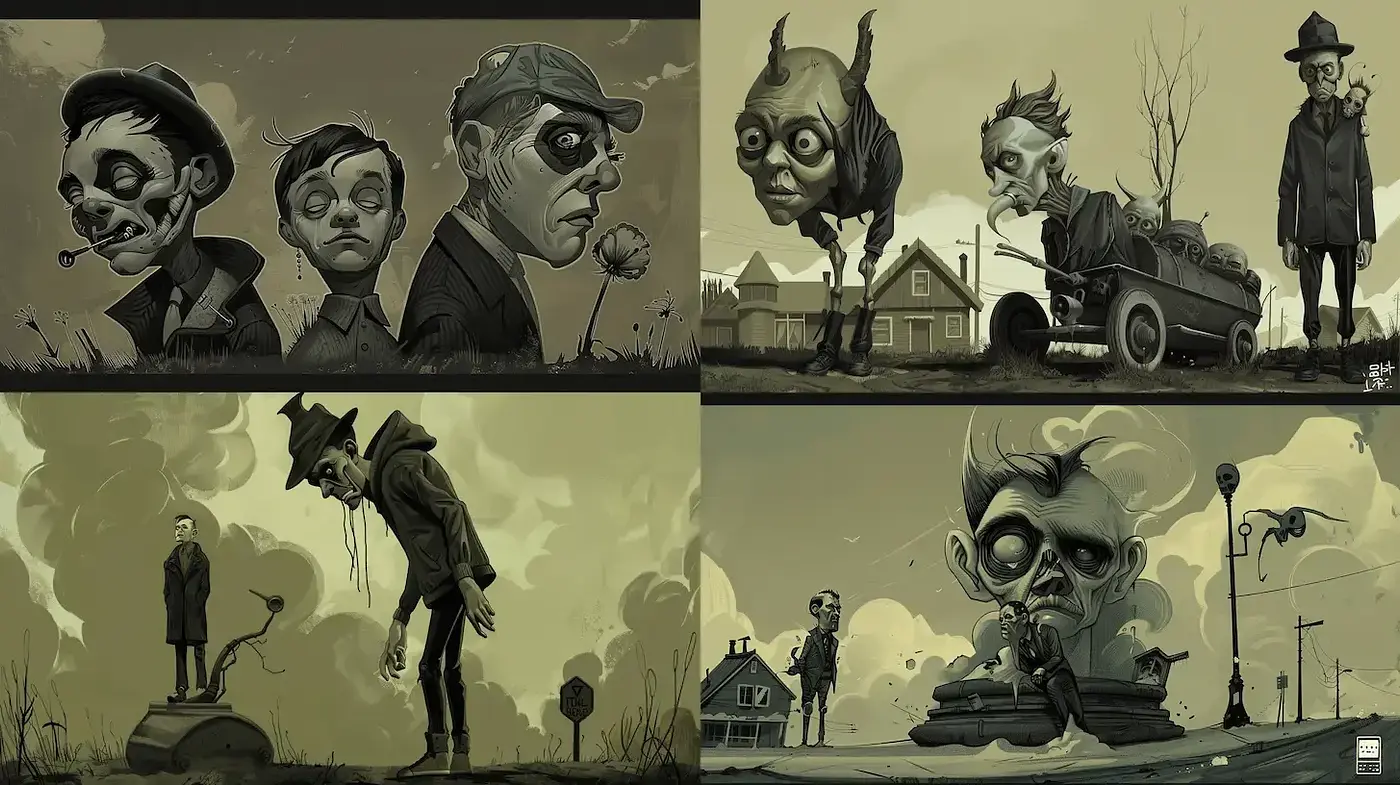 Surreal Illustrations with a Dark Humor Aesthetic - Midjourney sref style