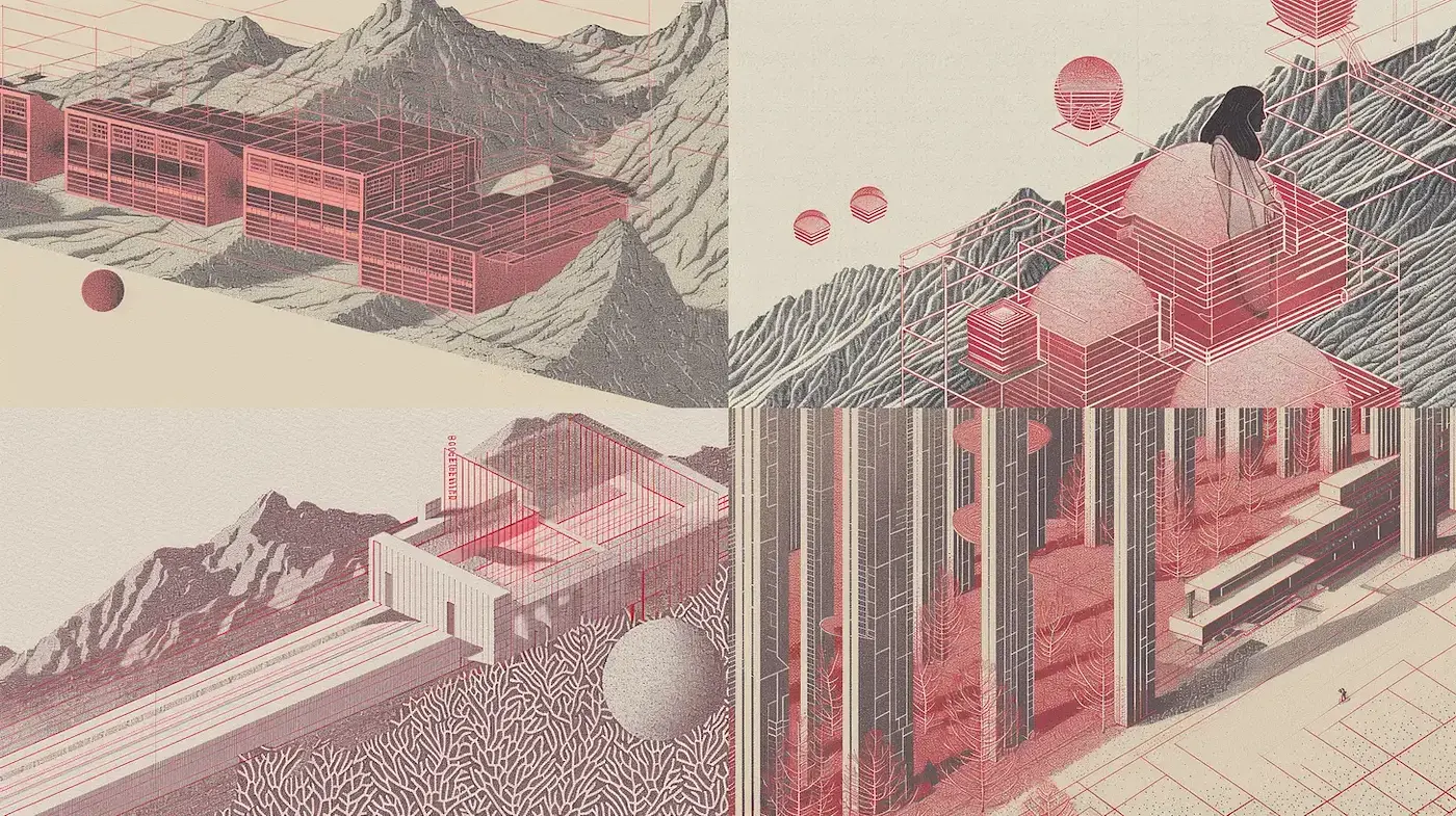 Consistent Retro-Futuristic Architectural Dreamscape - Midjourney sref style